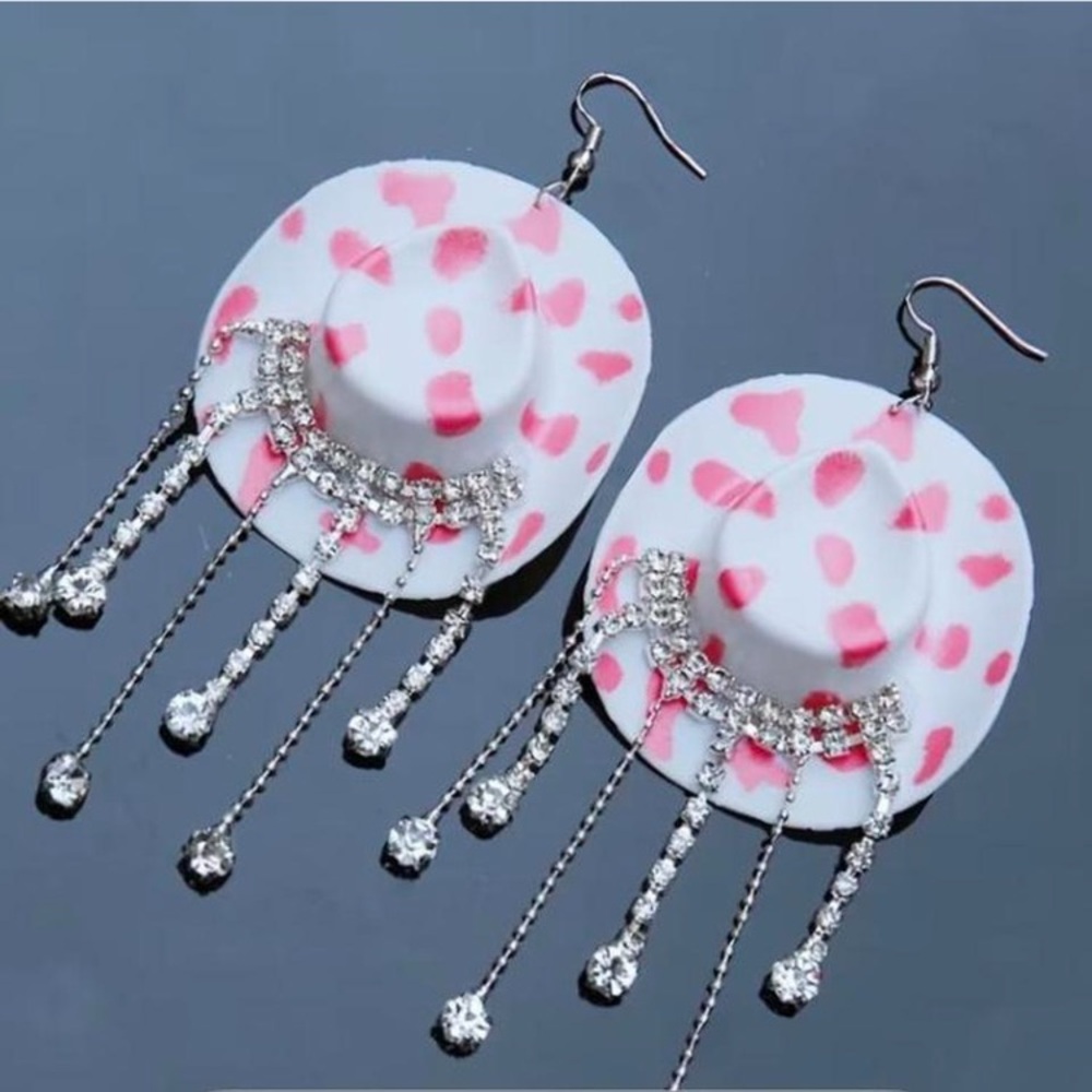 Silver Crystal Fringe Pink Cow Print Cowgirl Drop Earrings - Women Jewelry